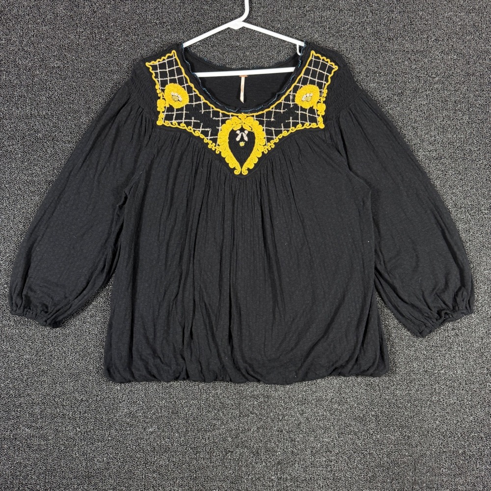 Free People Begonia Embroidered Peasant Blouse Womens L Black Yellow Floral Boho